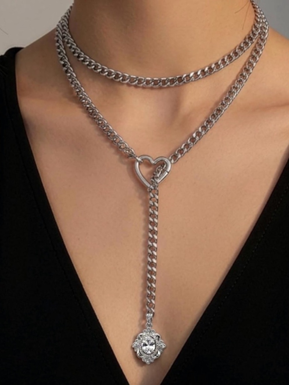 Elizabeth Silver Layered  Crystal Long Necklace